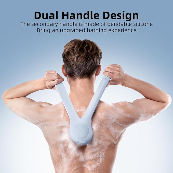 Oh,XIYU. Electric Body Brush Back Scrubber for Shower, Waterproof Long Dual Handle Power Body Scrubber with 3 Heads, Bath Brush & 2 Speeds, for Cleansing, Exfoliating and Massaging Skin, Sky Blue