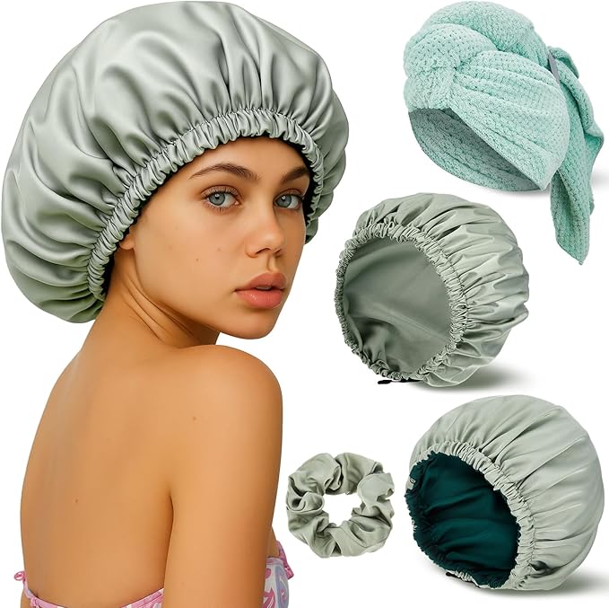Floraltop 4 Pcs Microfiber Drying Hair Wrap Towels Reusable Waterproof Shower Cap with Elastic Band Adjustable Silk Hair Bonnet for Sleeping with Scrunchie for Women Christmas Favor Gifts(Green)