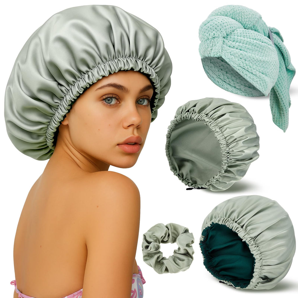 Floraltop 4 Pcs Microfiber Drying Hair Wrap Towels Reusable Waterproof Shower Cap with Elastic Band Adjustable Silk Hair Bonnet for Sleeping with Scrunchie for Women Christmas Favor Gifts(Green)