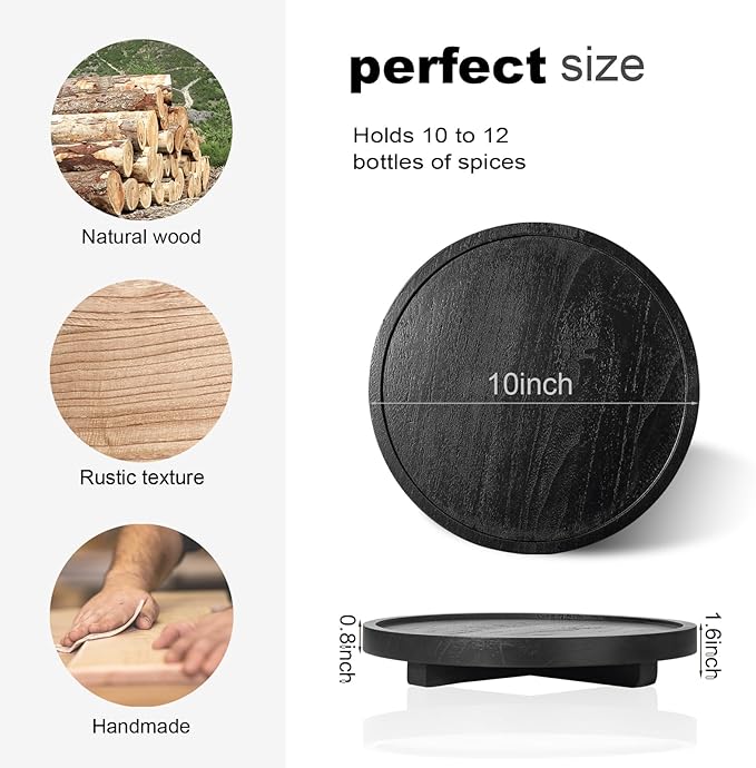 Round Decorative Tray Wood Bathroom Counter Organizer Farmhouse Kitchen Decor Wooden Riser for Soap Dish, Perfume, Candle, Sponge, 10" - Black