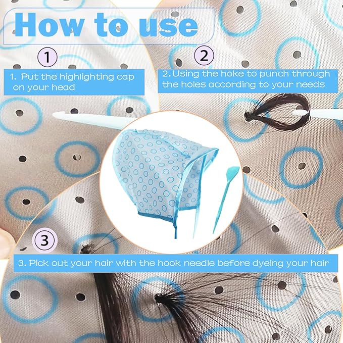 6 Pcs Frosting caps for highlighting hair with 2 Pcs Hooks