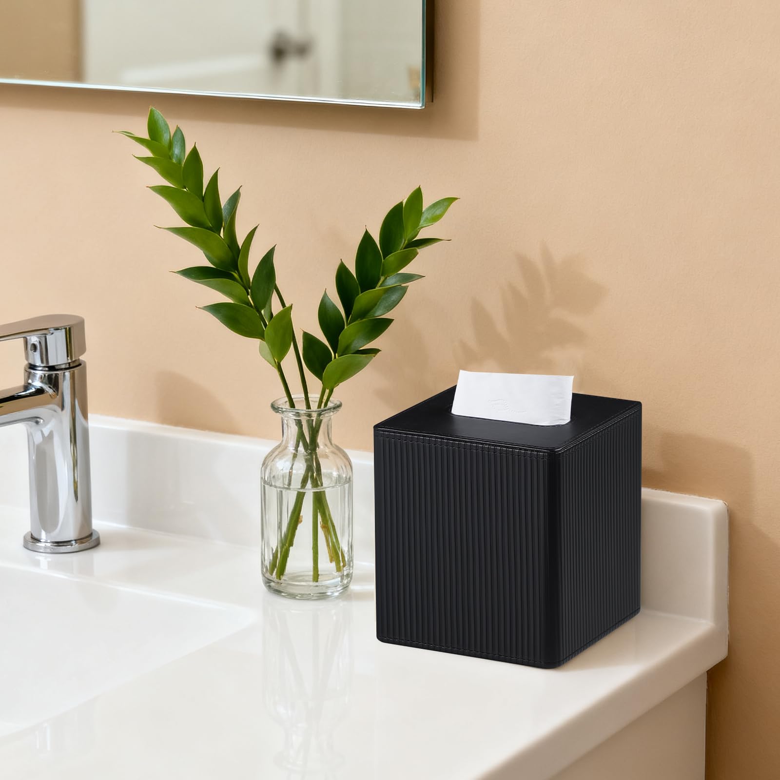 Cretkhp PU Leather Square Tissue Box Cover Tissue Box Holder Cube (Black)