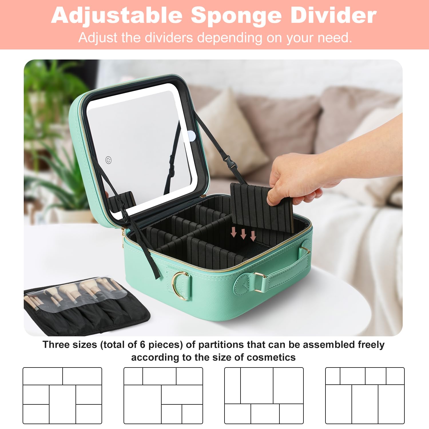 Mocado Travel Makeup Bag with LED Lighted Mirror, Travel Makeup Organizer, Makeup Case with 3 Color Lighted Setting and 10x Magnifying Mirror, Portable Storage and Adjustable Dividers (Powdery Green)