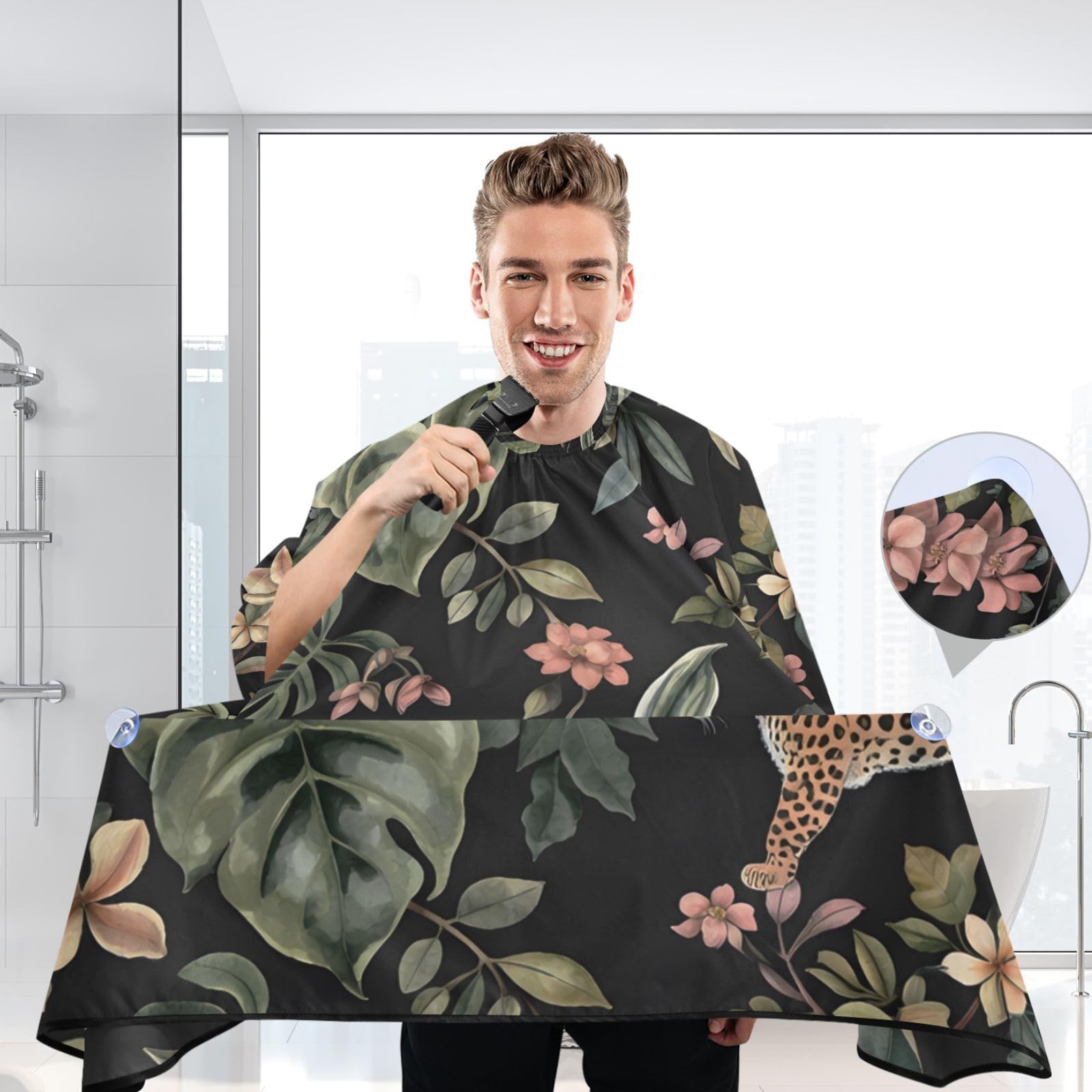 ALAZA Flower Green Leaves Butterfly Leopard Barber Cape for Men Women, Waterproof Haircut Apron Beard Shaving Bib Hair Cutting Cloth 55 x 65 Inch