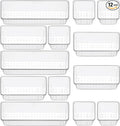 12 Piece Clear Drawer Organizer Set, 3 Sizes Bathroom Vanity Organizer Trays and Storage Bins for Makeup, Cosmetics, Jewelry, and Gadgets. Perfect for Office, Kitchen, Bedroom, Bathroom Use.