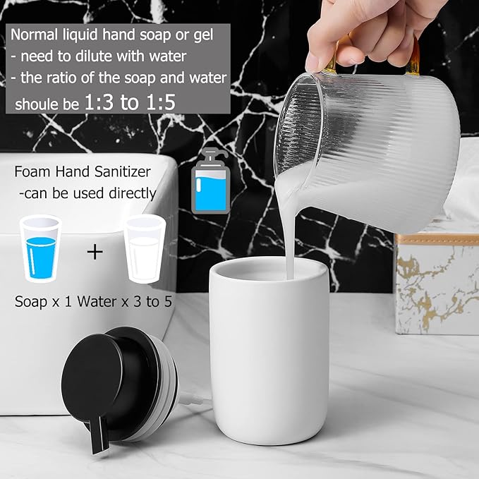 Foaming Soap Dispenser Thick Ceramic Foam Hand Soap Dispenser for Bathroom or Kitchen Sink, Liquid Pump Bottles for Hand soap, Body Wash, 2 Pack White