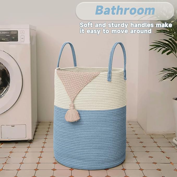 JMvicyroam Large Woven Laundry Basket Hamper,60L Cotton Rope Storage Bin for Blankets,Toys and Clothes,Decorative Tall Nursery Hamper for Living Room,Baby Nursery,Bathroom and Bedroom,White and Blue