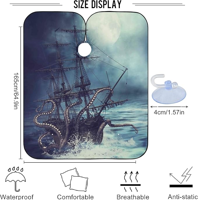 visesunny Barber Cape Octopus And Pirate Ship Black Pattern Polyester Hair Cutting Salon Cape Apron Anti-Static Haircut Shaving Cloth Beard Shaving Bib Hairdressing Cape