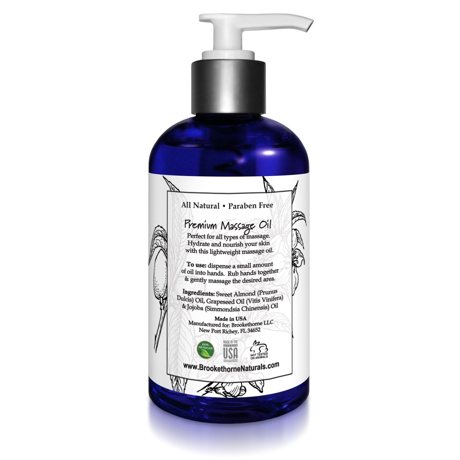 Unscented Massage Oil for Massage Therapy – 100% Natural Body Oil with Sweet Almond, Grapeseed & Jojoba for Premium Glide – Pure Carrier Blend for Aromatherapy – Brookethorne Naturals