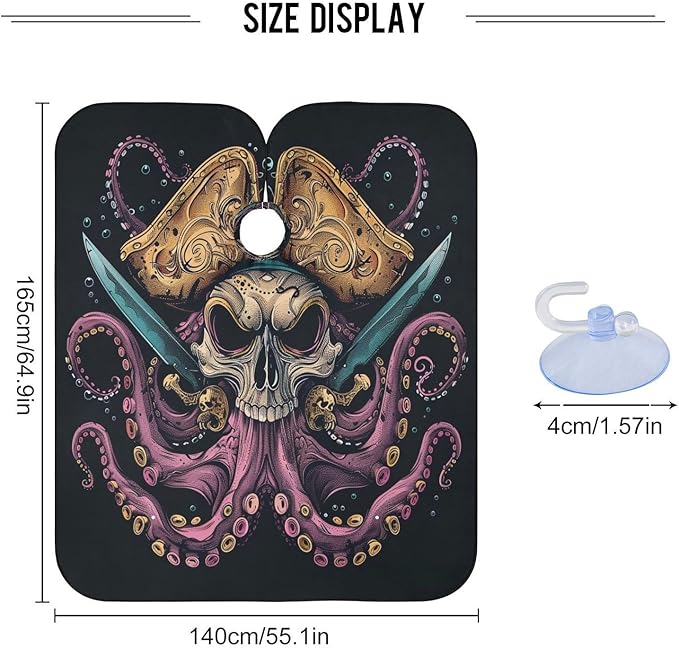 JUZIHAI Hair Cutting Cape, Pctopus Skull Pirate Waterproof Salon Barber Apron Cape with Adjustable Neck, Beard Shaving Bib for Men Women Kids, 55x65 Inch