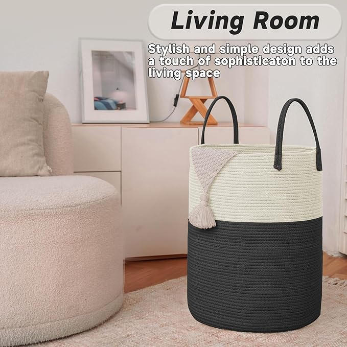 JMvicyroam Large Woven Laundry Basket Hamper,100L Cotton Rope Storage Bin for Blankets,Toys and Clothes,Decorative Tall Nursery Hamper for Living Room,Baby Nursery,Bathroom and Bedroom,White and Black