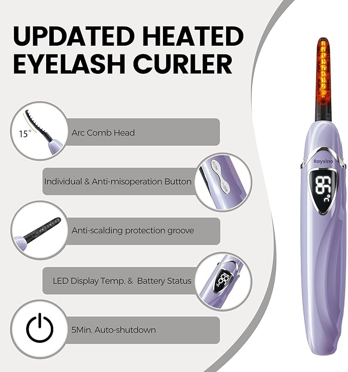 Raysino Heated Eyelash Curler, S600 Rechargeable Heated Lash Curler, Eyelash Curler Heated in 8s for Women 24 Hs Lasting Natural Makeup (Lilac/Silver, 148MM)