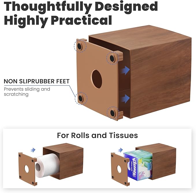 Tissue Box Cover, Square Facial Acrylic Tissue Holder with 2 Pack Clear Qtip Holder Dispenser for Cotton Swabs, Bathroom Essentials Accessories Decor, Vanity Makeup Countertops -Wood Grain