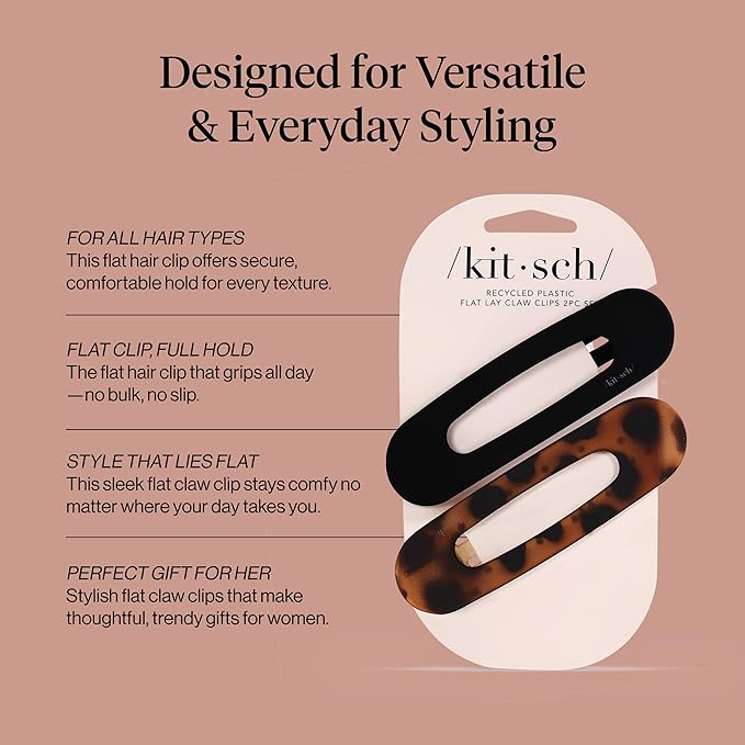 Kitsch Flat Hair Clips for Women - Strong Hold, No Slip Grip Flat Claw Clips For Secure and Comfortable Look | Durable Recycled Plastic Hair Accessories - Black & Tortoise, 2pc