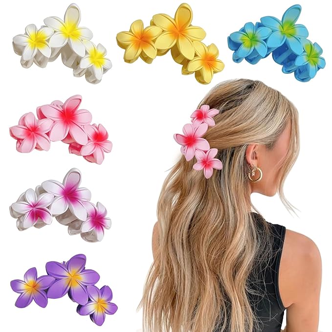 YONOY 6Pcs Flower Hair Clips for Women,Non-Slip Matte Flower Hair Clips for Women,Hawaiian Hair Flower Clip Large Plumeria Strong Hold Hair Claws Banana Cute Clip Beach Hair Accessories