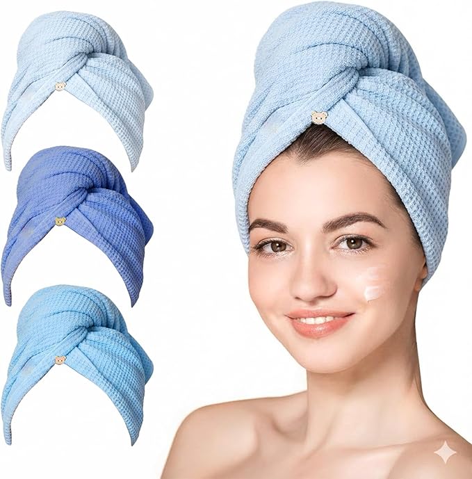 3 Pack Microfiber Hair Towel Wrap for Women, Fast Drying Hair Turban with Button, Anti-Frizz Large Hair Towel for All Hair Styles, Soft & Absorbent Hair Drying Towel