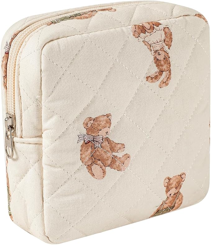 RSRSLEII Small Quilted Cosmetic Pouch for Purse, Mini Cotton Makeup Bag with Compartments, Cute Zipper Lipstick Holder for Women (01Bear)