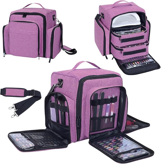 YAHOURWAT Nail Polish Organizer Holds 60 Bottles and a Nail Lamp,Portable Travel Case with 2 Removable Bags and Tools Storage Pockets Purple
