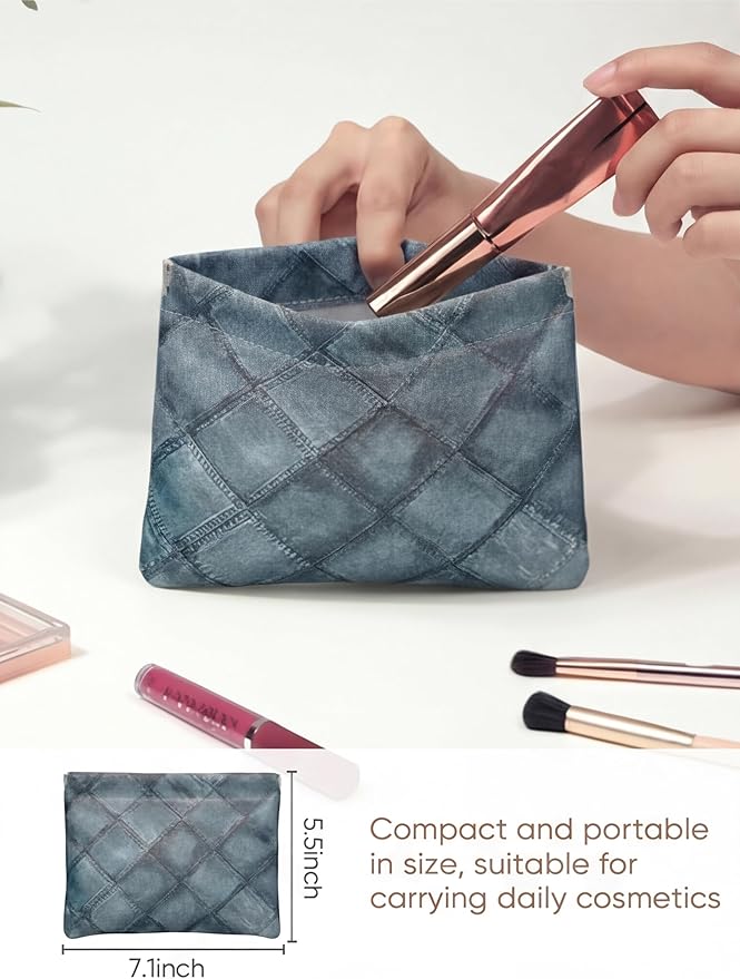 Ksriylm Denim Blue PU Leather Makeup Pouch Set for Women Small Checkered Make Up Bag for Purse Waterproof Initial Makeup Cosmetic Bags Pouches for Purse Aesthetic Travel Toiletry Bag,