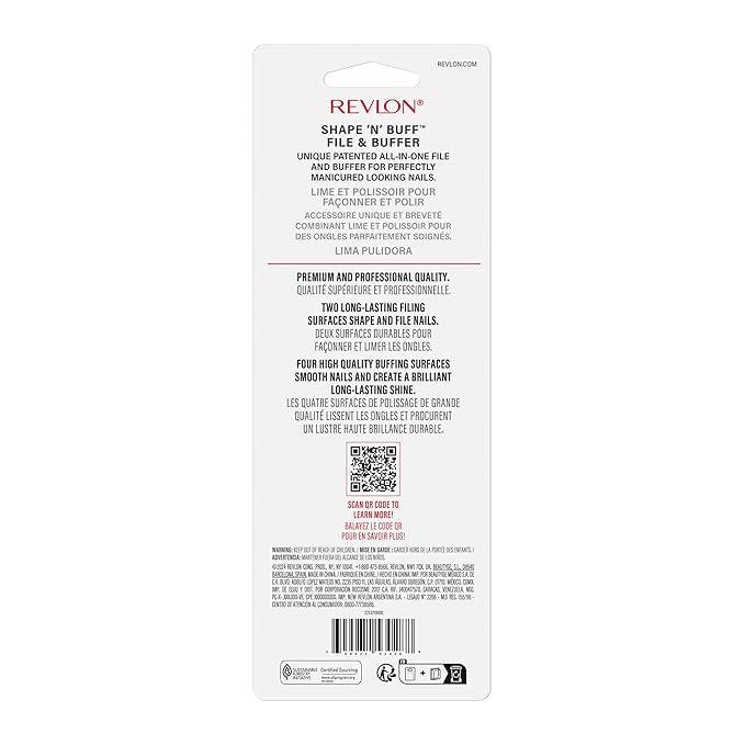 Revlon Shape 'N' Buff Nail Buffer Block, All-in-One Manicure Tool for Shaping & Shining Natural Fingernails, 1 Count