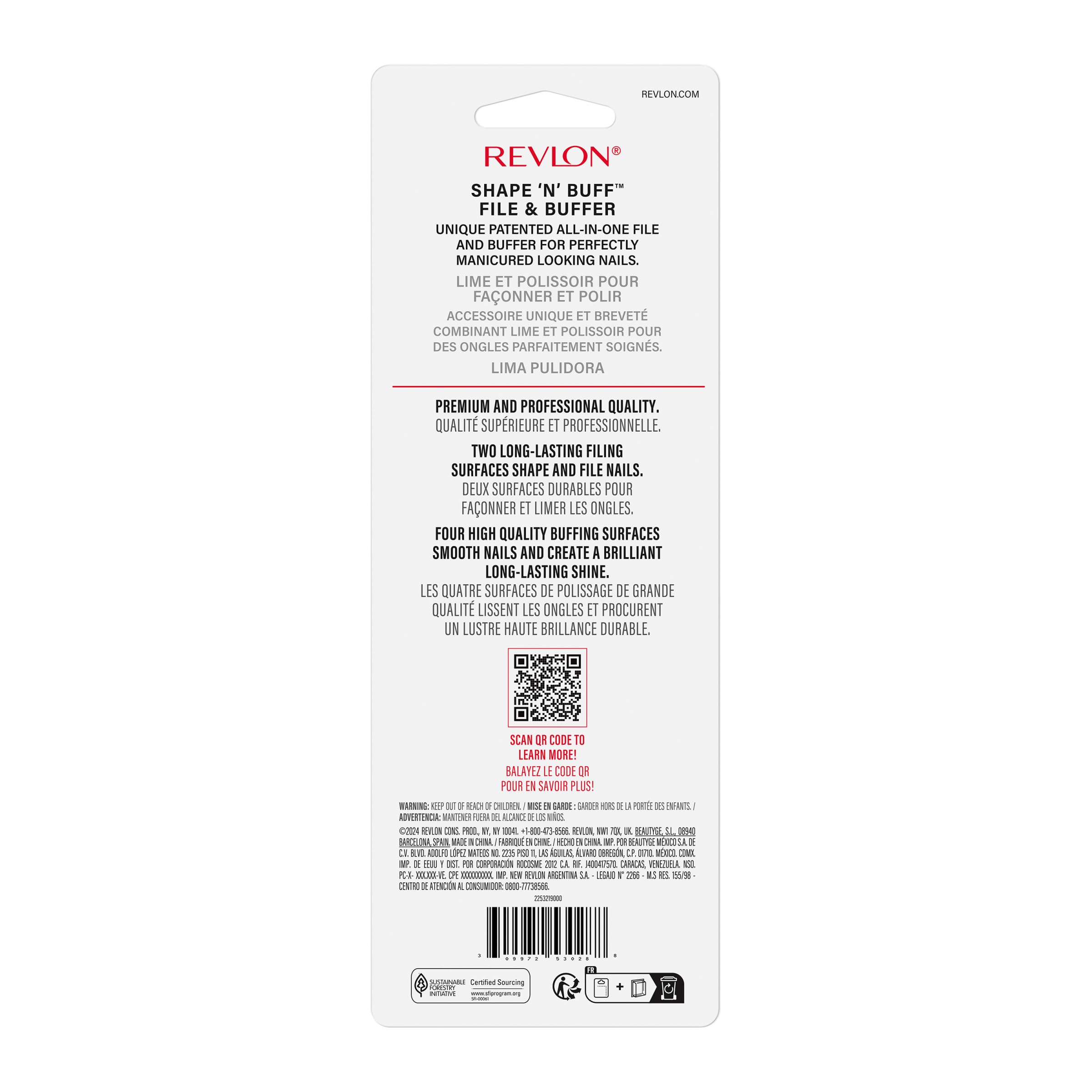 Revlon Shape 'N' Buff Nail Buffer Block, All-in-One Manicure Tool for Shaping & Shining Natural Fingernails, 1 Count