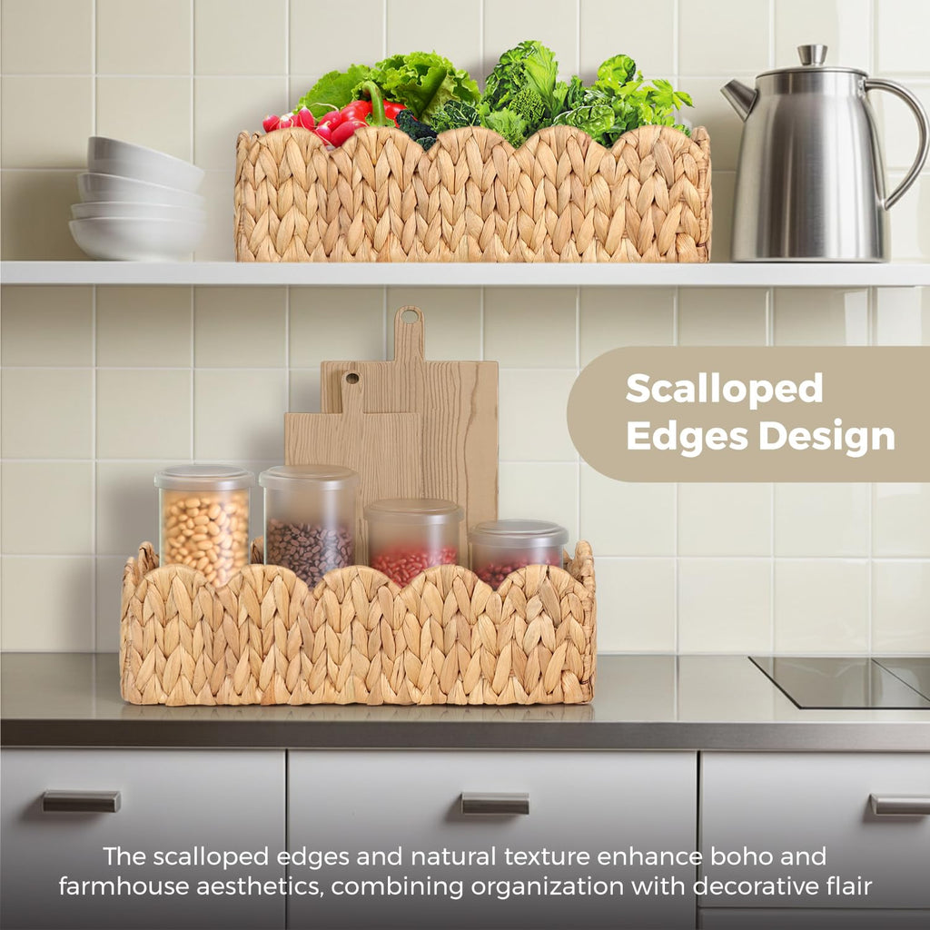 2 Pcs Handwoven Water Hyacinth Scalloped Countertop Storage Basket, Toilet Tank Basket for Bathroom, Scalloped Edge Wicker Rectangle Basket for Toilet Paper Baskets (2, Natural)
