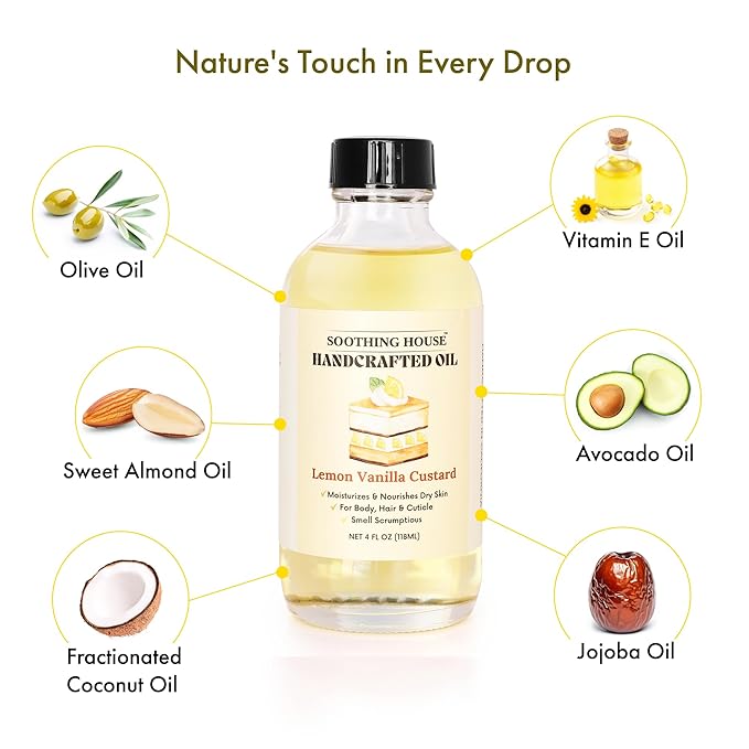 Soothing House Lemon Vanilla Custard Oil with All-Natural Moisturizing Body Oil for Soft, Glowing Skin with Almond & Jojoba Oil (4 fl oz)