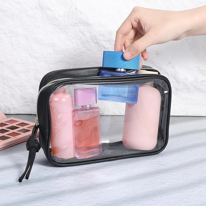 SynHHergyx Clear Makeup Bag, PU Leather Small Toiletry Pouch Portable Travel Makeup Pouch Transparent Waterproof Cosmetic Organizer with Zipper for Women Home Travel Office Cosmetic Storage (Black)