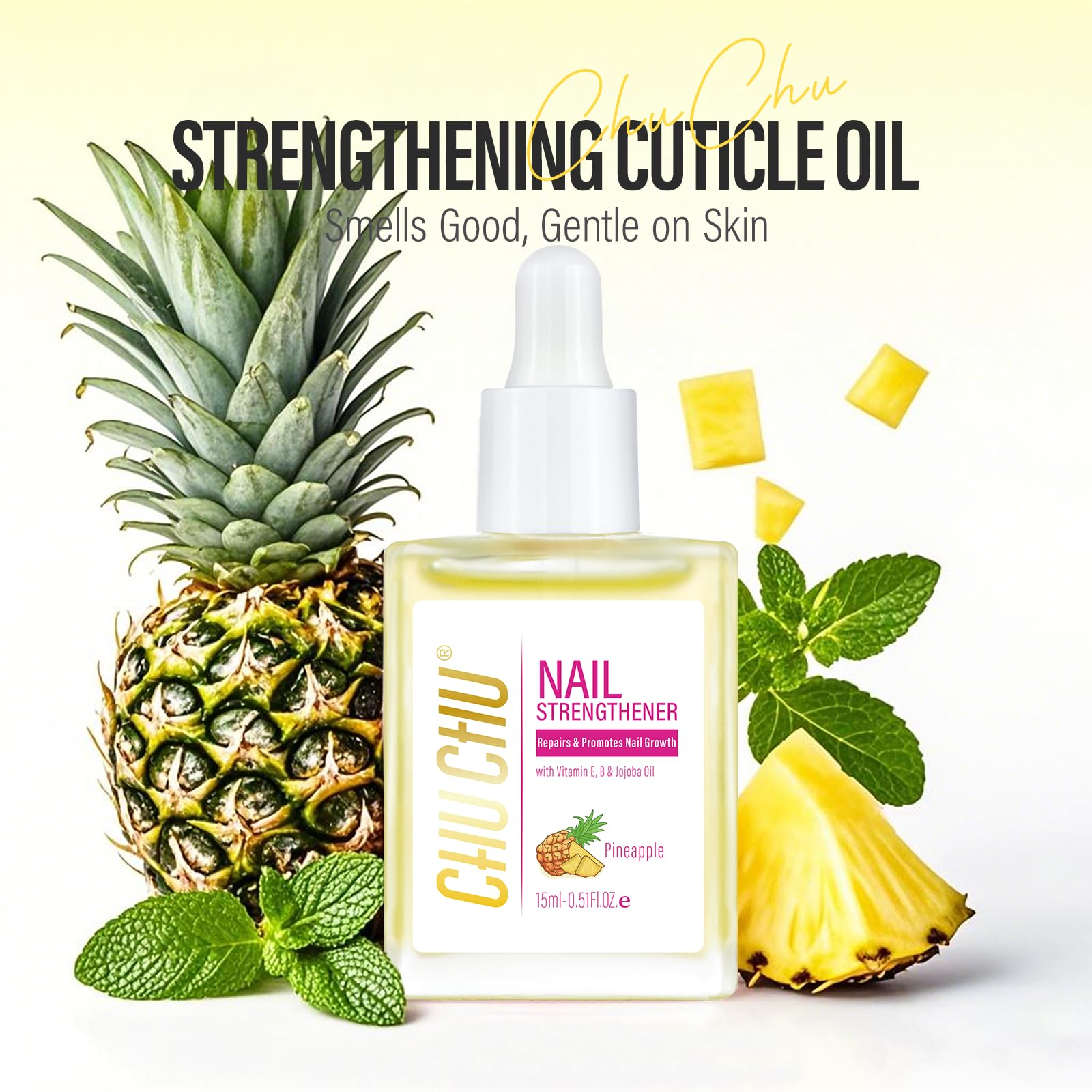 CHUCHU Nail Growth and Strengthener Oil for Cuticle - Repair Moisturizing Treatment - Natural Jojoba Vitamin B & E Nail Oil for Dry Cracked Nails (Pineapple)