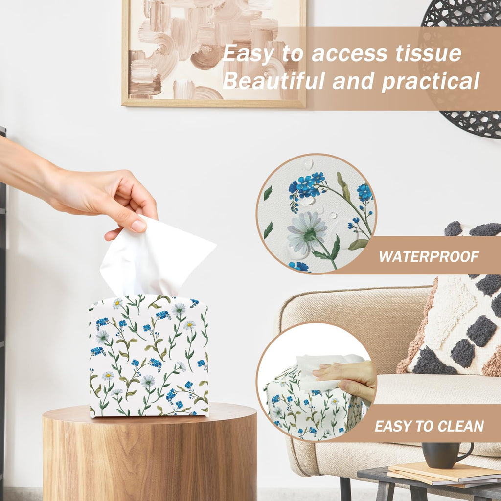 Dasiy and Blue Floral Tissue Box Cover Square with Bottom Belt, Leather Waterproof Tissue Holder Facial Paper Case for Tabletop Home Office Bathroom Car Decor -01