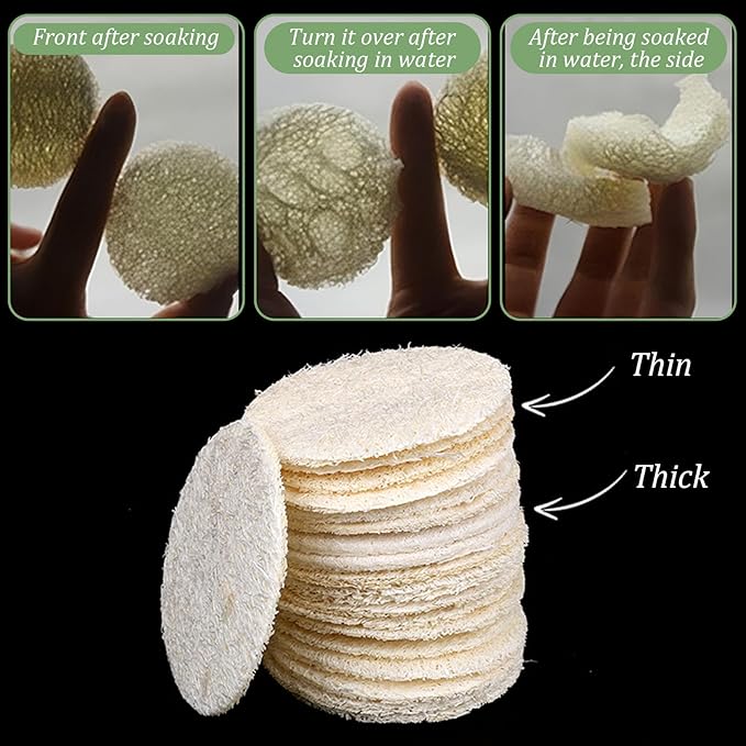 30 Pcs 2.17 Inch Natural Loofah Sponge Pads for Washing Face, Exfoliating Body Facial Scrub Pads for Makeup & Dead Skin Removal Cleansing Skin for Women and Men(One Side softened)