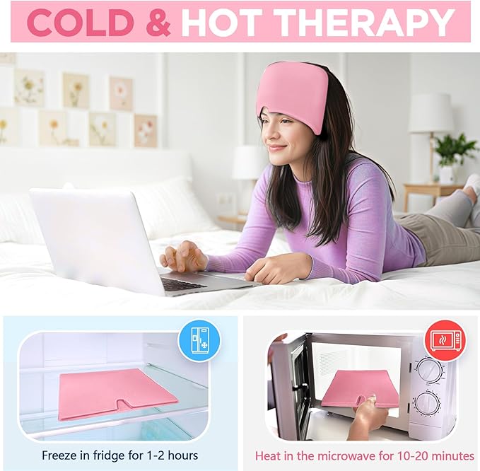 Migraine Relief Cap, Headache Relief Hat for Migraine Cap, Hot and Cold Therapy, Headache Eyes Mask for Stress Relief, Ice Pack Head Wrap for Sinus, Puffy Eyes, Tension, Pink