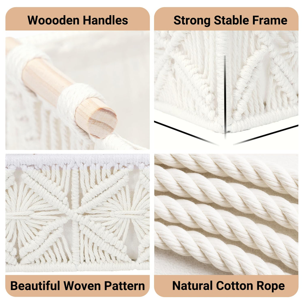 Nonam 2pc Macrame Storage Baskets, Boho Woven Boxes for Home Org, White
