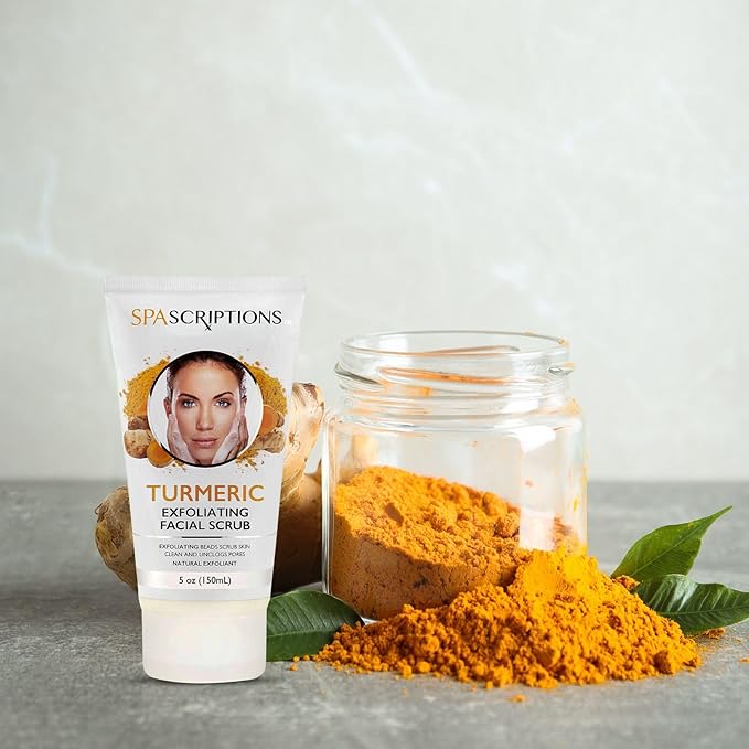 SpaScriptions Turmeric Exfoliating Facial Scrub - Glowing Face Scrub with Natural Exfoliants For Deep Pore Cleansing, Dark Spots, Dull Skin, Blackheads, & Uneven Tone, Ideal for Acne Prone Skin, 5 oz