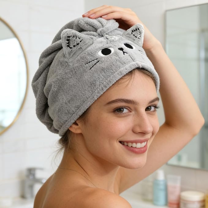 2Pack Microfiber Hair Towel Wrap for Kids, Cute Cat Absorbent Hair Drying Turbans Head Towels for Women Girls (Pink and Gray cat)