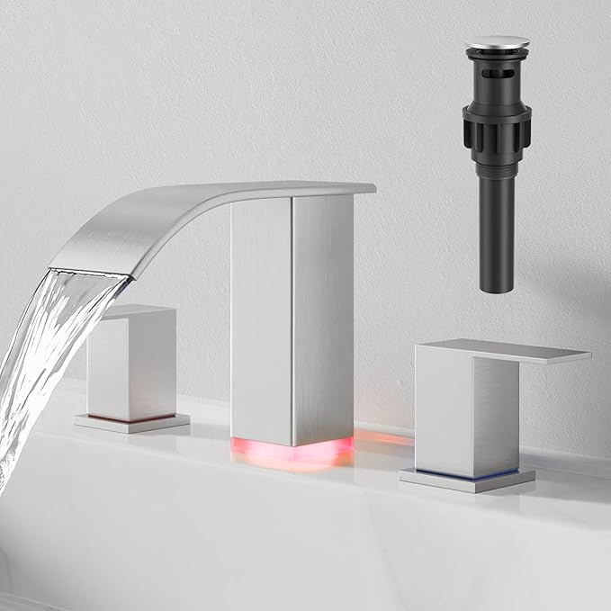 RUMOSE LED Bathroom Faucets Set Brushed Nickel 8 inch Bathroom Sink Faucet 3 Hole with Pop Up Drain Widespread Waterfall Vanity Faucet with 3 Colors Light Changing Stainless Steel Deck Mounted