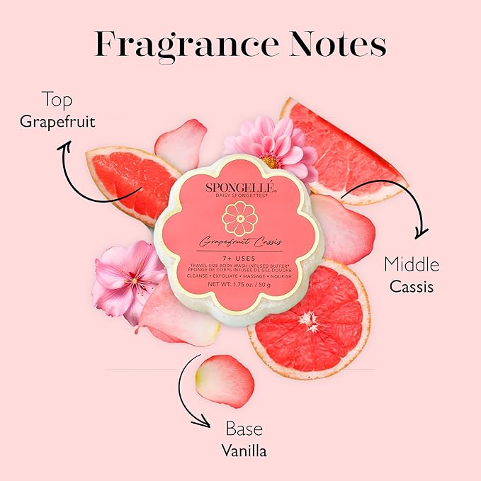 Spongellé Grapefruit Cassis Daisy Spongette Bath Sponge | Built-in Body Wash & Body Scrubber, Shower Loofah Sponge for Women, Travel Essentials | 7+ uses