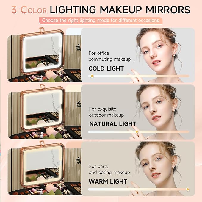 Leeora&Leekoo Makeup Box with Lighted Mirror,Portable Makeup Train Case Organizer (Off white)