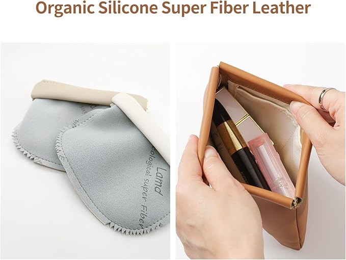 MEIBOOCH 2 Pack Small Makeup Bag for Women, New Organosilicon Super Fiber PU Leather Mini Cosmetic Bag for Travel, Coin Purse Organizer Storage Pouch (Brown)
