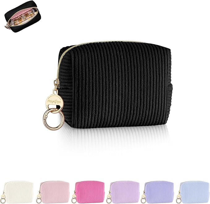 Playexen Mini Makeup Bag, Corduroy Small Cosmetic Bag for Purse, Black