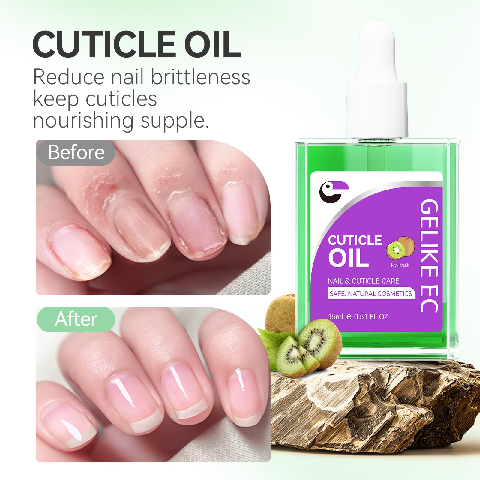 Gelike EC Nail Cuticle Oil - Kiwi Scent Organic Nail Moisturizing With Natural Jojoba Vitamin B & E for Nail Bed ＆ Damaged Nails Repair Treatment- Cuticle Cream for Nail Growth and Strength(15ml)