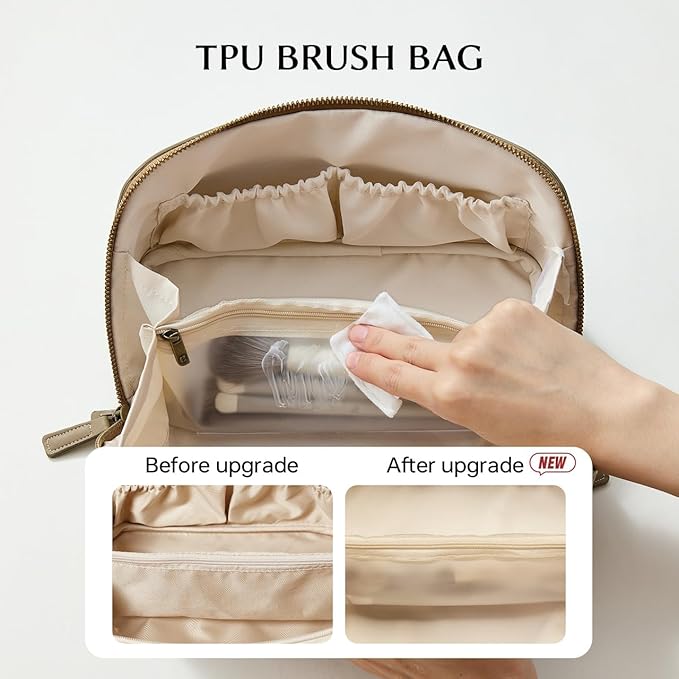 EACHY Travel Makeup Bag, Faux Suede Cosmetic Bags for Women,Large Capacity Portable Pouch Open Flat Toiletry Bag Make up Organizer with Divider and Handle