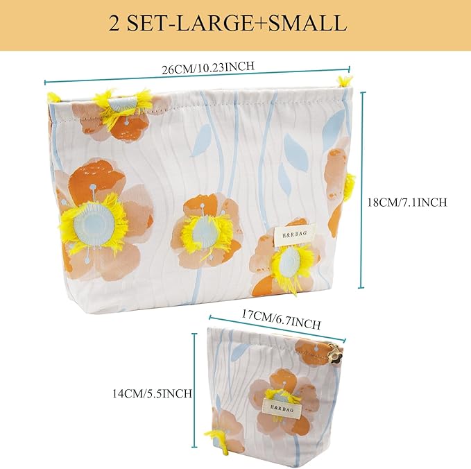 getgto 2 Pcs Makeup Bags, Large Cosmetic Bag Travel Toiletry Bag Organizer for Women, Embroidery Craft, Floral Makeup Bag Small Cosmetic Pouch Purse with Zipper Gifts for Girls Teen