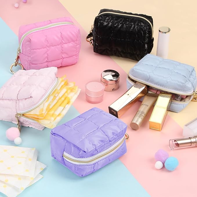 Playexen Puffy Mini Makeup Bag, Cute Quilted Small Cosmetic Bag for Purse, Portable Travel Makeup Pouch for Lipsticks, Chapsticks, Earphone, Credit Card, Birthday/Wedding/Christmas Gifts (Black)