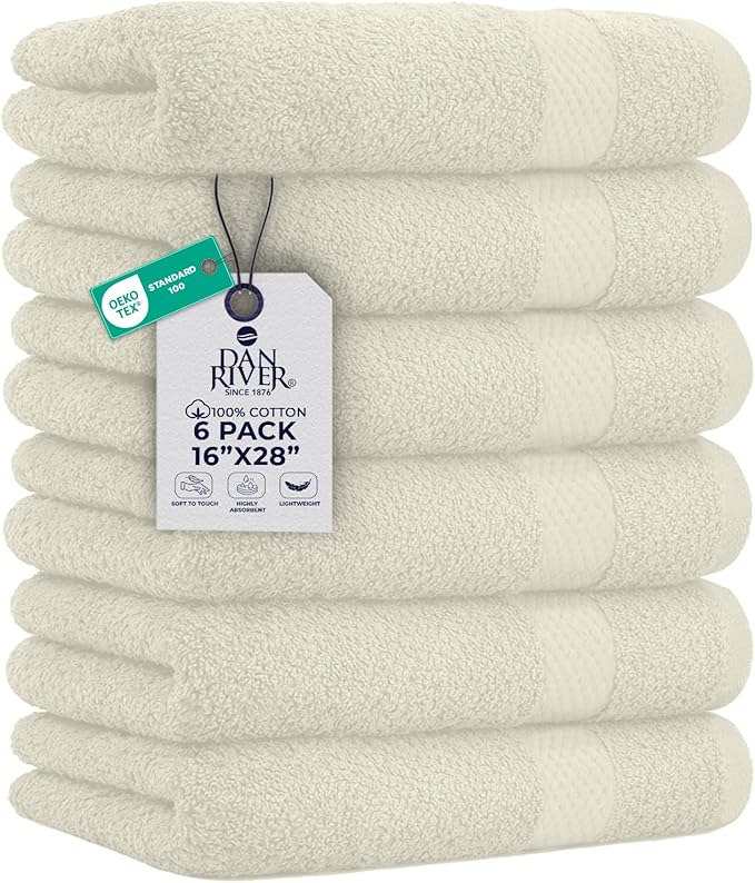 DAN RIVER 6-Pack Premium Hand Towels (16x28 Inches) - 100% Cotton, Ultra Soft, Lightweight, Highly Absorbent Towels for Bathroom, Spa, Gym, Salon, Hotel, and Travel - Ivory