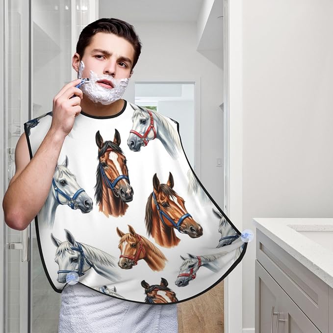 Beard Hair Catcher for Men, Waterproof Shaving Bib Apron Non-Stick, Trimming Tool for Dad Husband, Watercolor Painting Wild Horses Head Shave Bib
