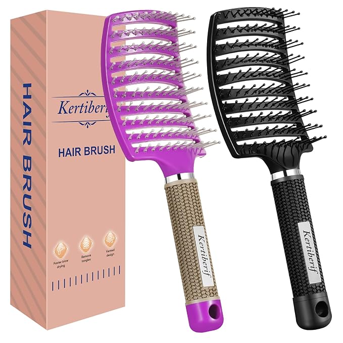 Kertiberif 2 Pack Curved Vented Detangling Brush for Wet and Dry Hair, Paddle Styling Hair Brush for Faster Blow Drying, Detangler Brush for Women Men Curly Thick Hair