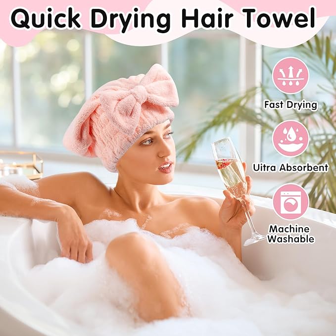 IJRPLM 4 Pack Microfiber Hair Towel Cap,Super Absorbent Hair Towel Wrap Drying Hair Cap,Soft Microfiber Hair Drying Towel Cap with Bow-Knot,Anti Frizz Hair Turban Wrap for Curly Long Wet Hair