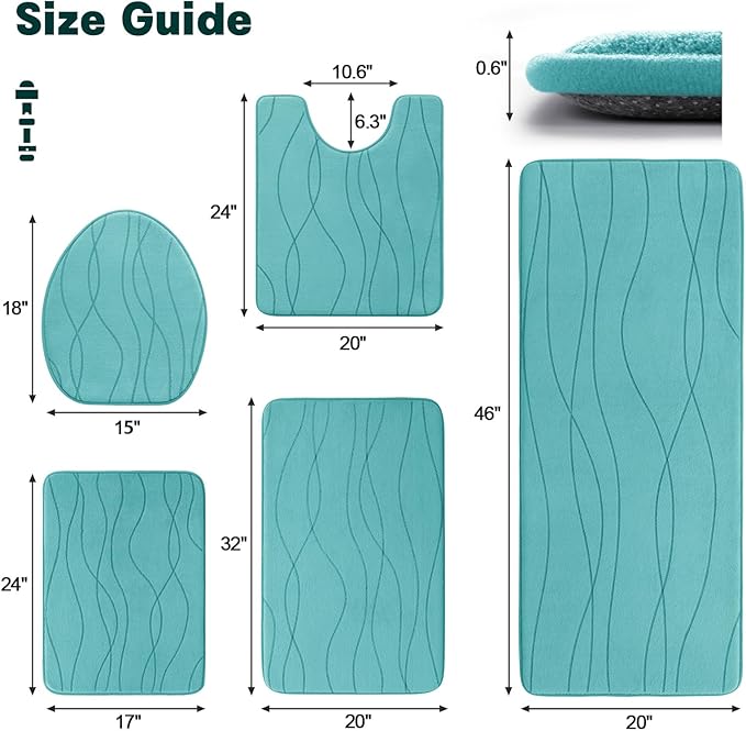 YIHOUSE Bathroom Rugs Set 5 Piece, Memory Foam Bath Mat Teal