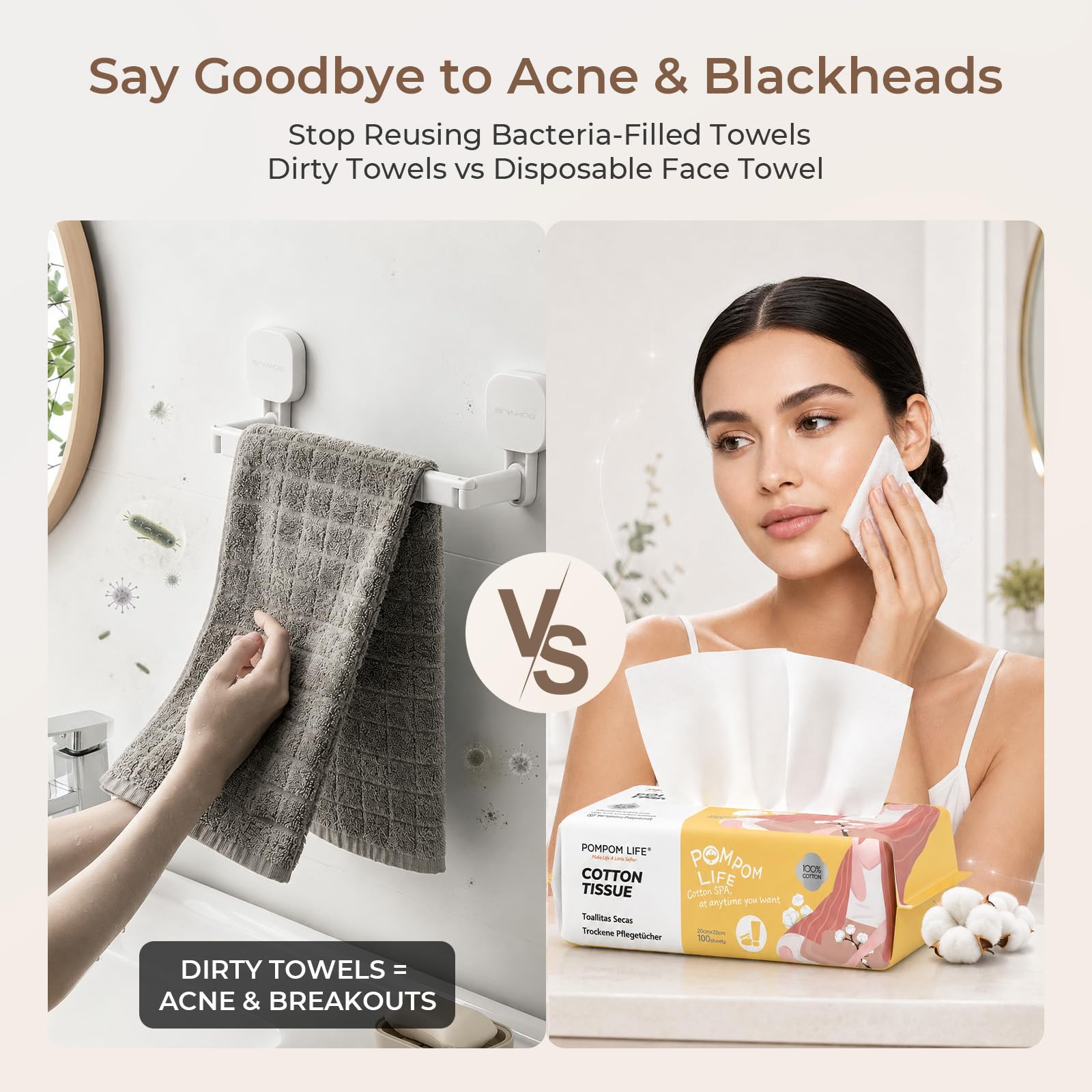 Disposable Face Towel 300 Count, 7.9"X7.9"Clean Face Towelettes for Washing Face, 100% Cotton Soft Dry Wipe, Biodegradable Face Towels & Facial Tissuel Travel Size for Cleaning,Makeup Removal